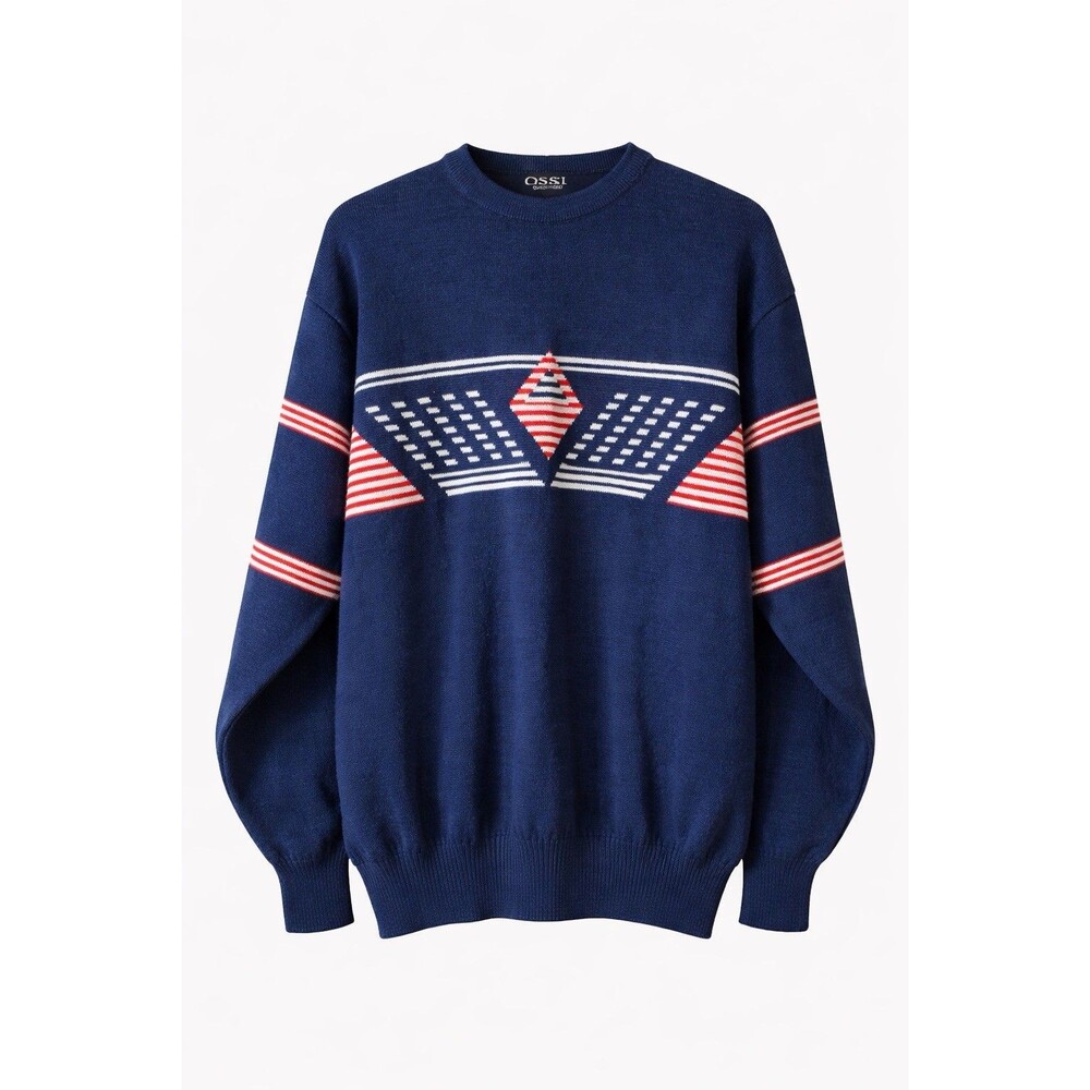 Ossi Skiwear Mens Blue Geometric Knit Sweater Retro Ski Acrylic Wool Size L